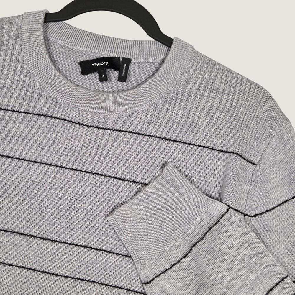Theory Men Medium Kenny Crew Novo Merino Wool Sweater Gray Striped Quiet Luxury